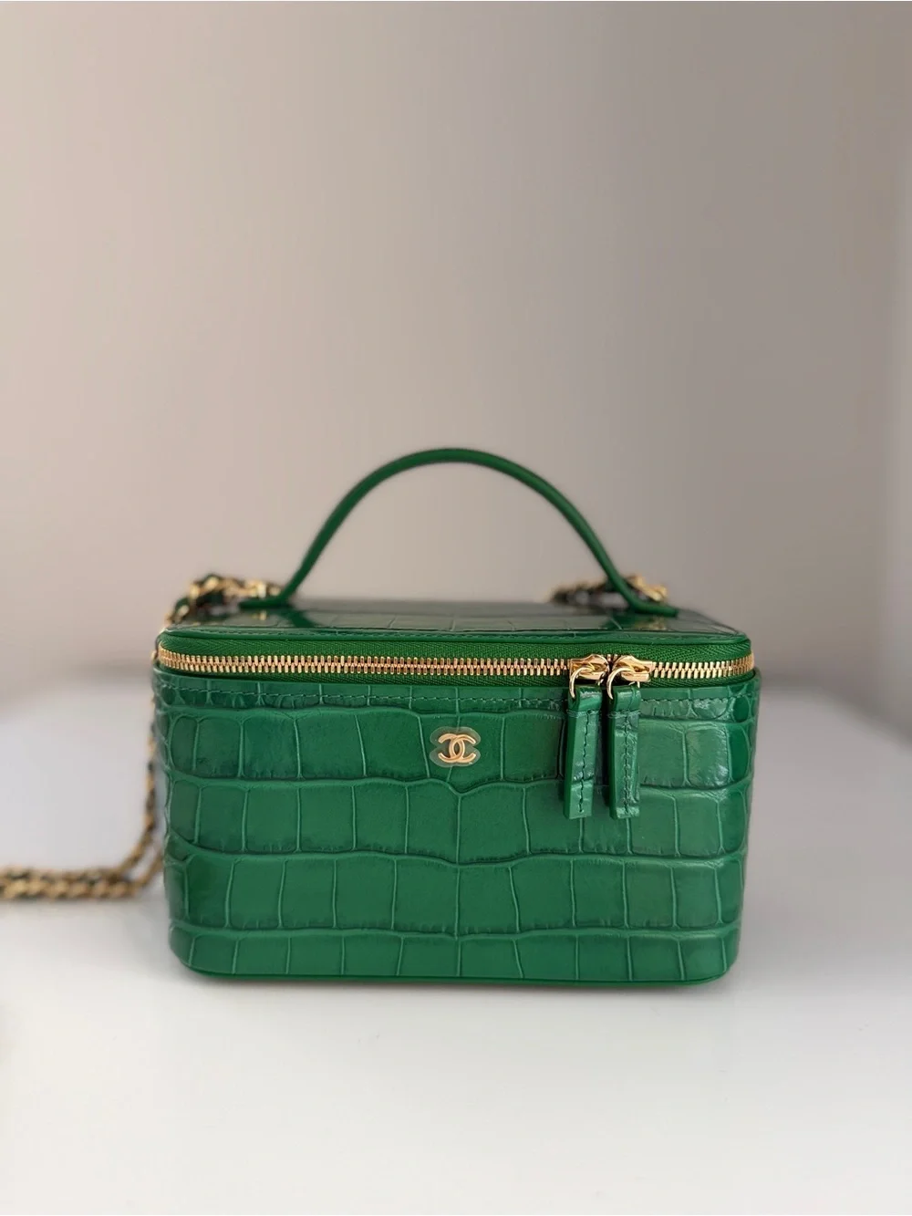 CHANEL Green Croc Embossed Top Handle Vanity